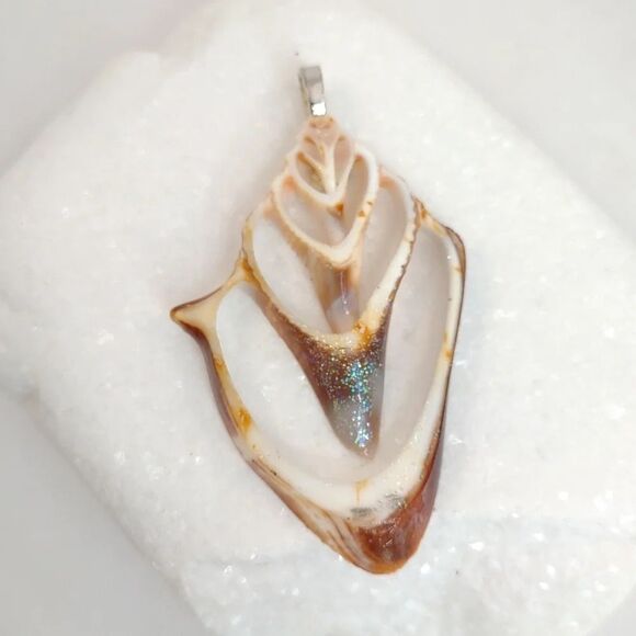 Seashell Slice Conch Pendant Glitter and Polysealed Handmade - Picture 2 of 12